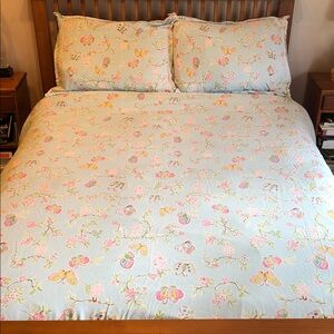 POTTERY BARN Leela Blue Pink Floral Butterfly Full/ Queen Duvet Cover w/ 2 Shams